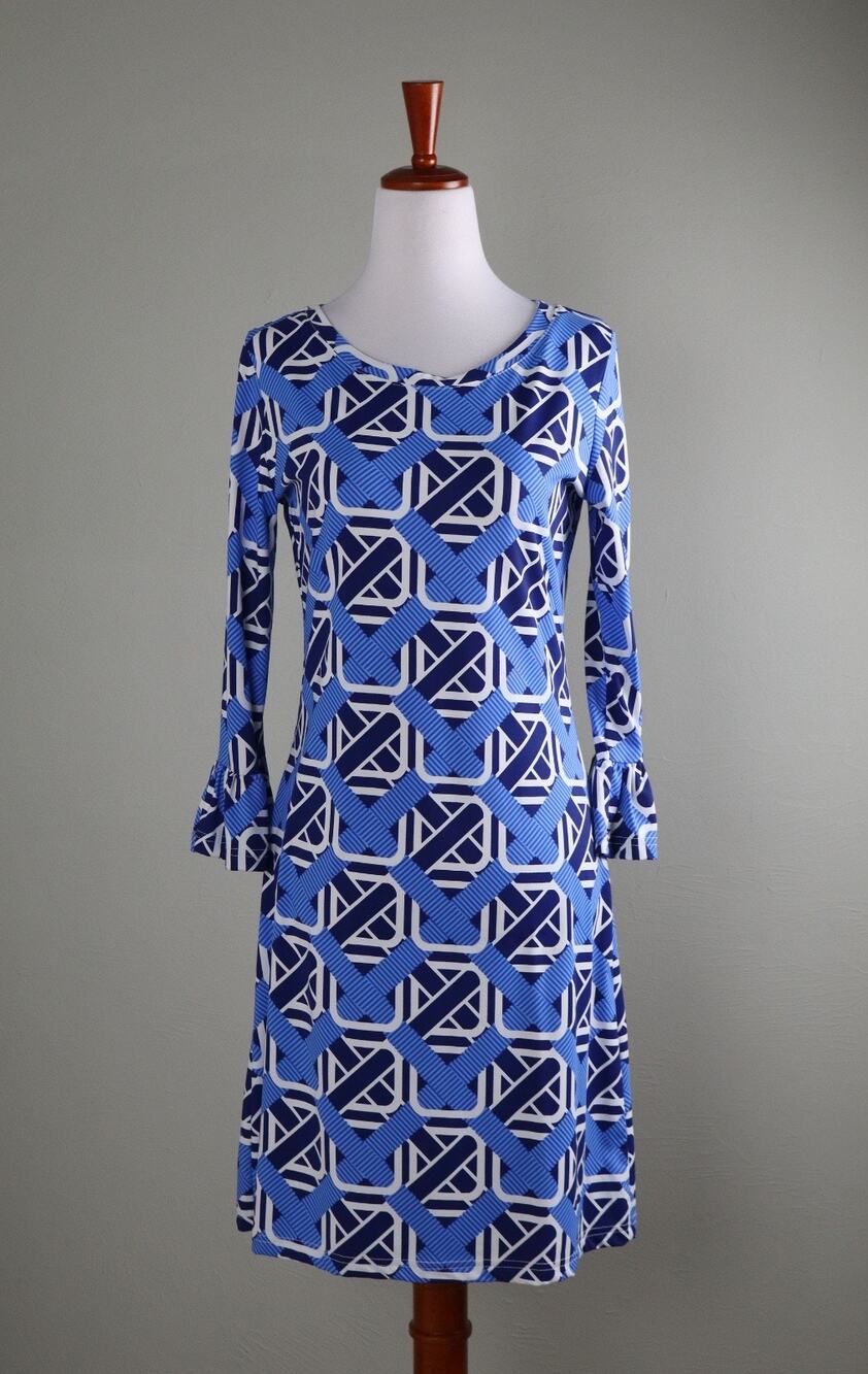 BARBARA GERWIT Smooth Stretch Navy Geo Print Bell Sleeve Dress Size XS